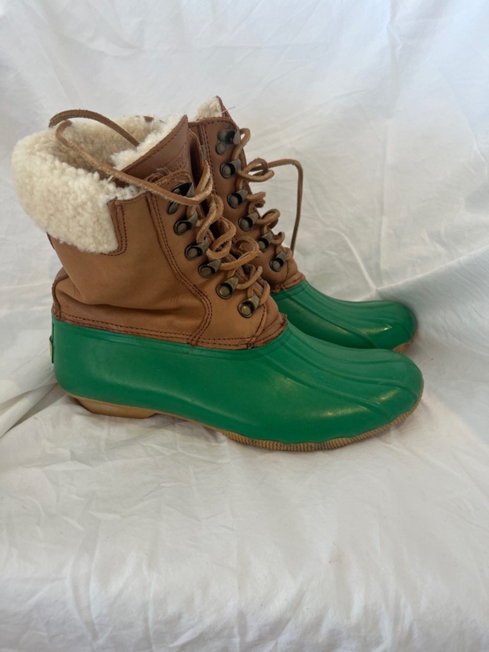 Sperry Green Rubber & Tan Leather Sherpa-Lined Duck Boots